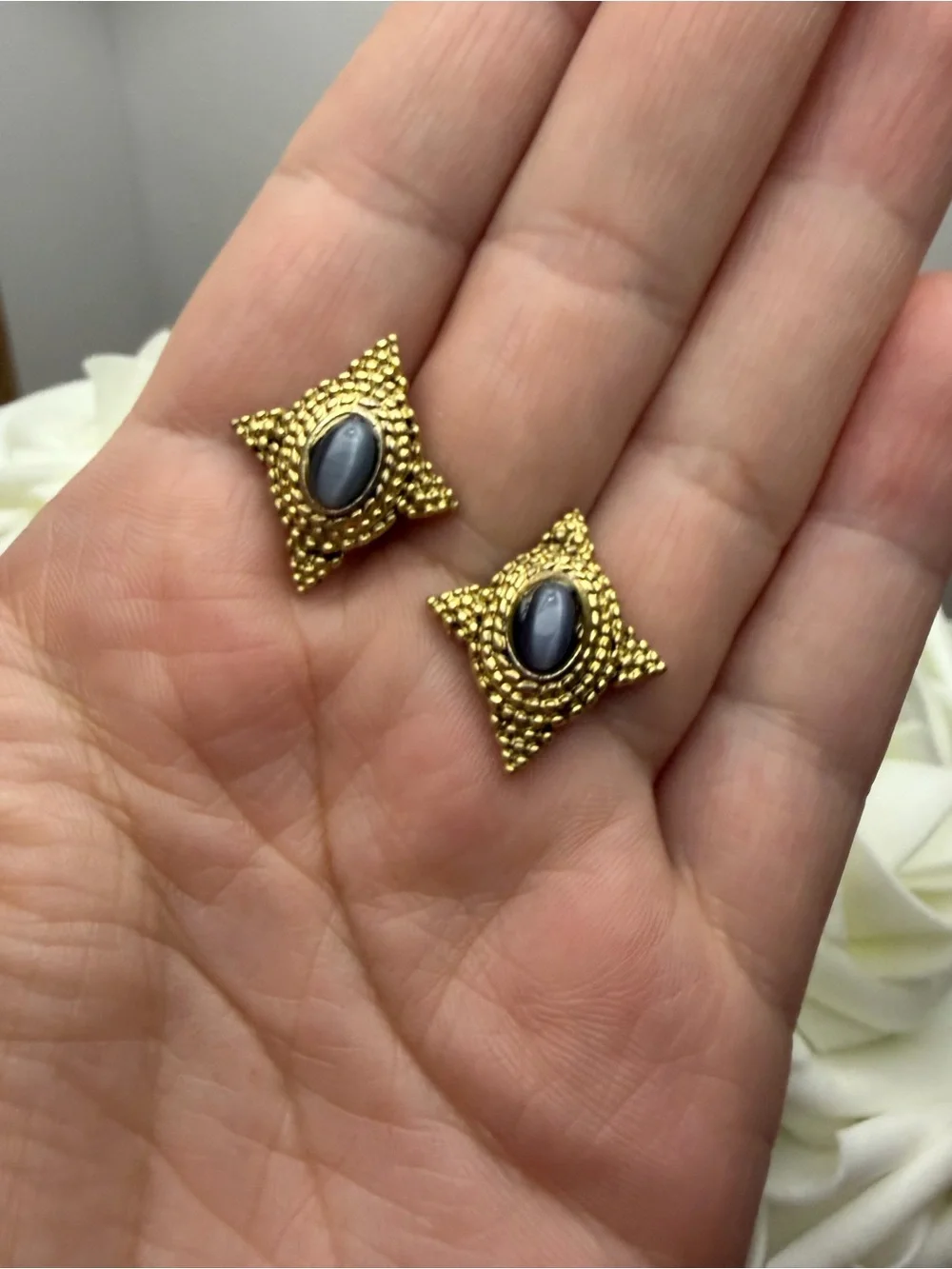 Gold-Tone Beaded Square Earrings with Black Cabochon